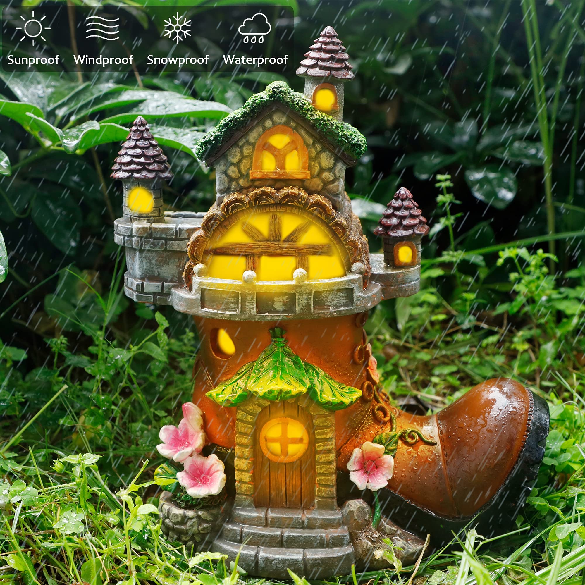 FORUP 10 Inch Solar Powered Fairy House Garden Statue with Boots - Outdoor Fairy Garden Decor Kit with LED Lights for Patio, Lawn, Yard & Backyard - Perfect for Fairy Gardens, Flower Beds & Gift Giving