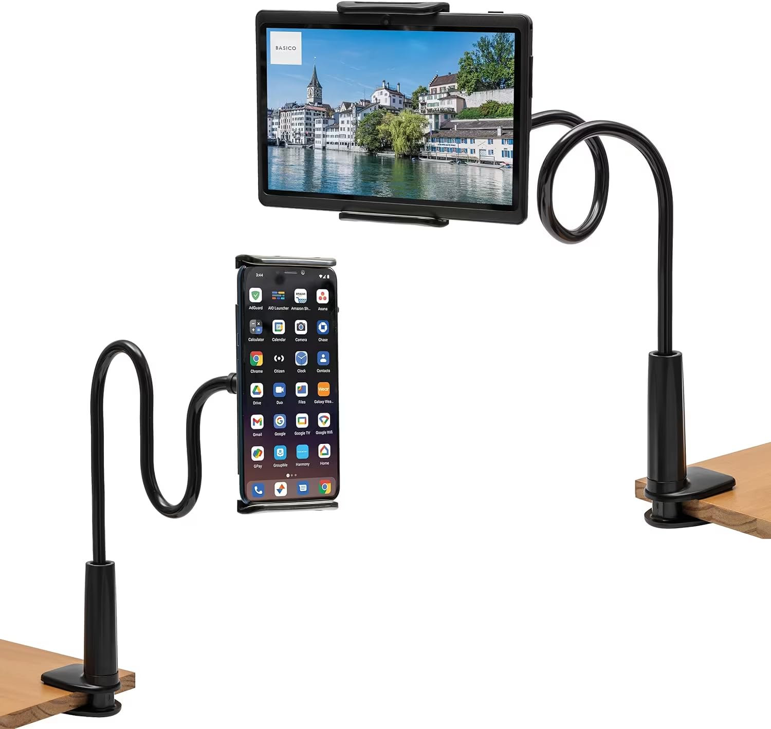 Adjustable Gooseneck Tablet Holder Stand for Phones & Tablets 4-11 Inches - Long Arm Bed Desk Mount for Reading, Watching Videos & Hands-Free Use (Black)