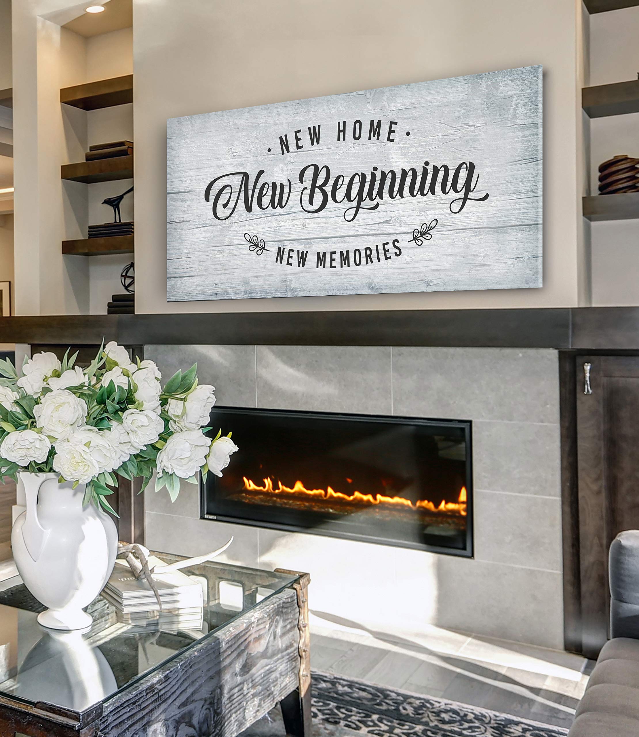 Wood Framed Canvas Wall Art - 'New Home New Beginning' Quote Sign - Rustic Home Decor for Living Room, Bedroom, Office - Perfect Housewarming Gift (Light Grey, 60x27) - Inspirational Home Decor for New Homeowners, Wedding Gifts & Apartment Decor