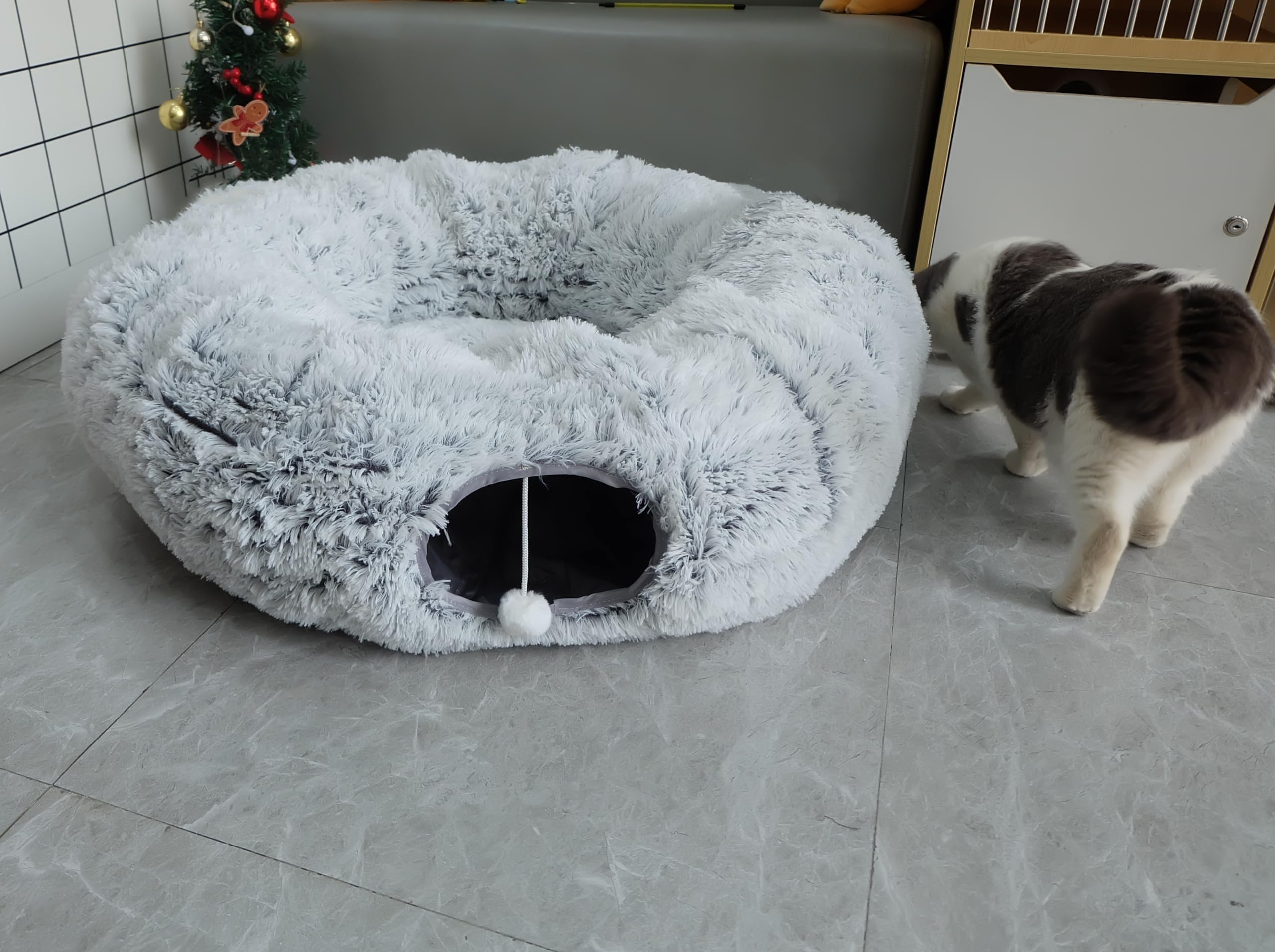 Soft Plush Cat Tunnel Bed with Mat for Indoor Pets - Play & Sleep Comfort