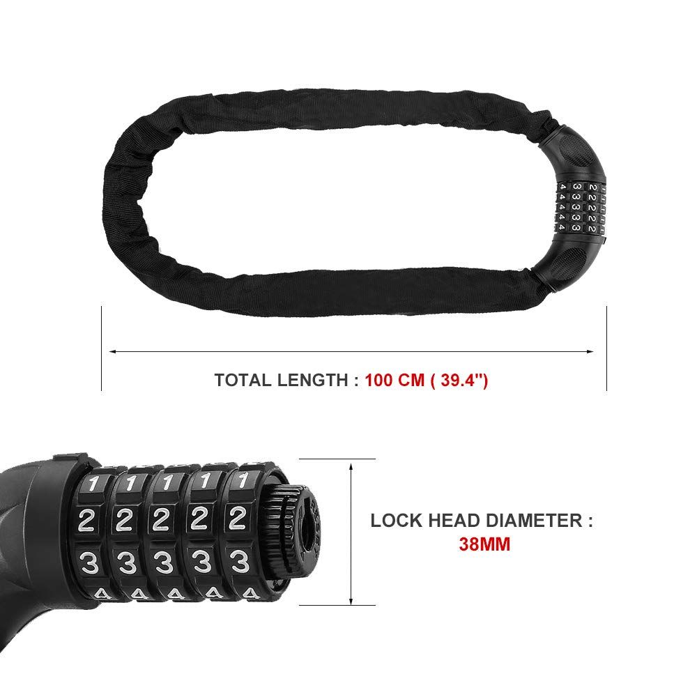 Anxingo 5-Digit Resettable Combination Bike Lock - Heavy Duty Anti-Theft Bicycle Chain Lock (3.6ft, Black) - No Keys Required, Fits All Bikes - Perfect for Commuting, Campus, and Outdoor Cycling Security