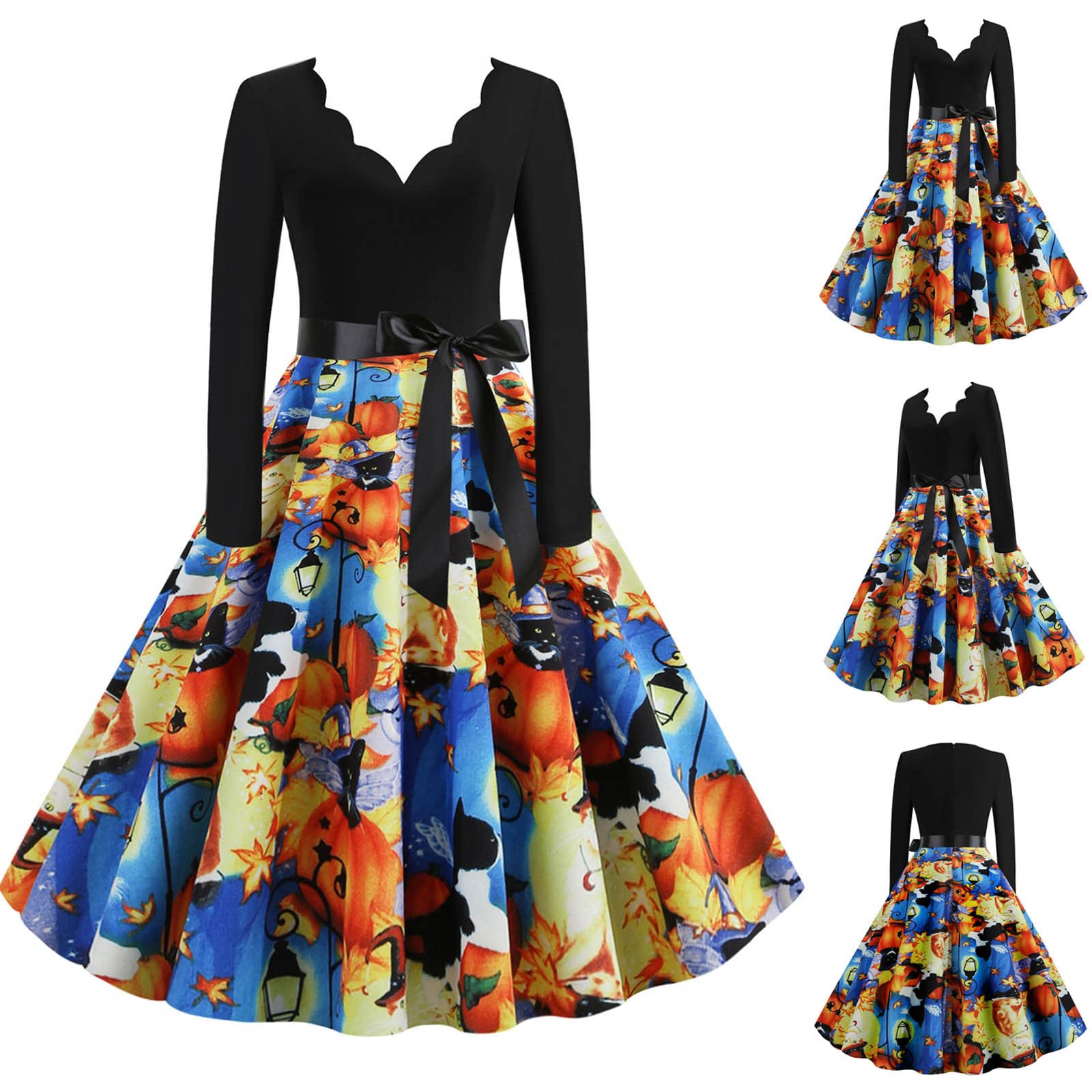 Halloween Dresses for Women - Long Sleeve V-Neck Vintage Pumpkin Print Swing Dress | Medieval Costume for Halloween Party, Homecoming & Cosplay