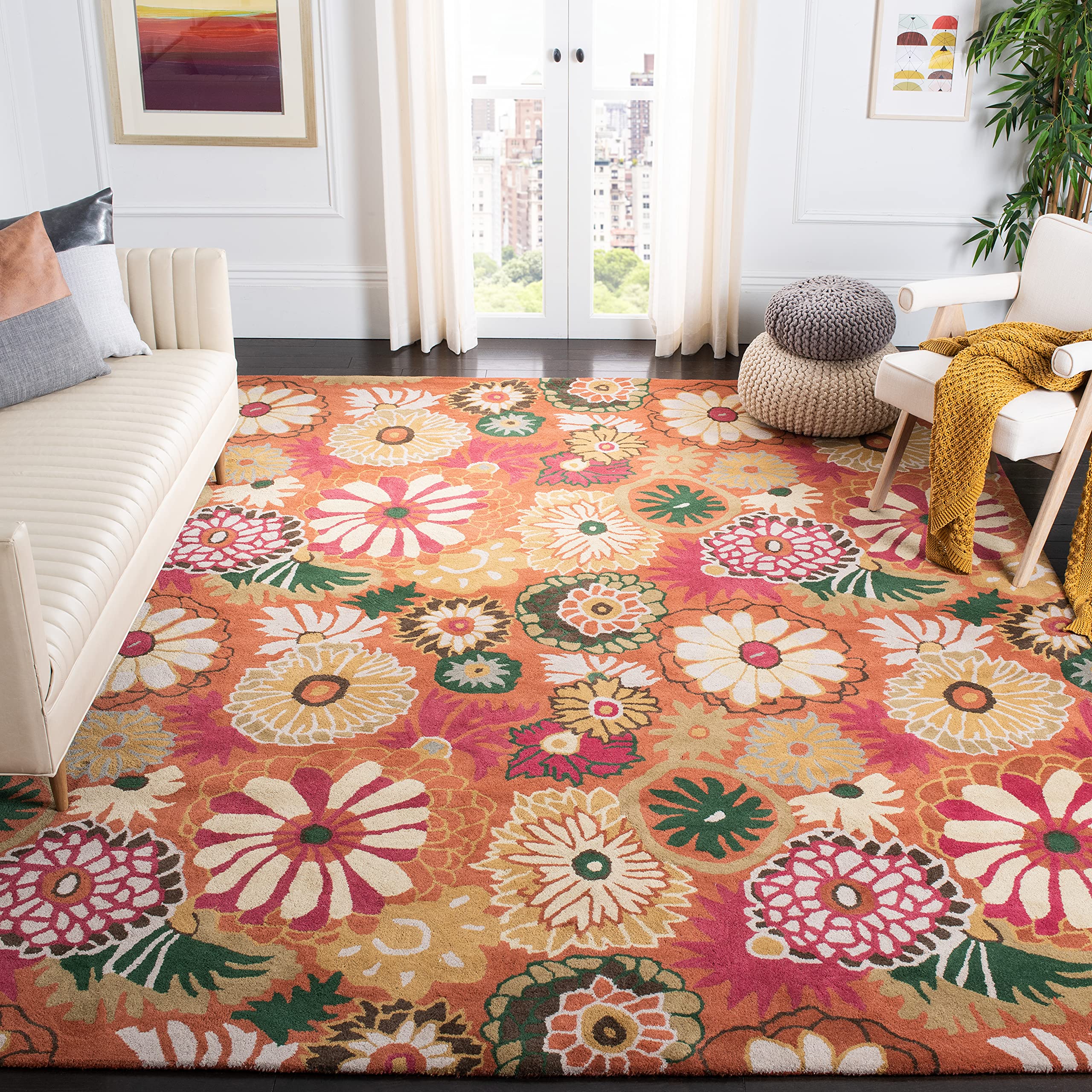 SAFAVIEH Jardin Collection 6'x6' Square Orange & Multicolor Floral Handmade Wool Area Rug - Perfect for Living Room, Bedroom & Home Decor (JAR812A)