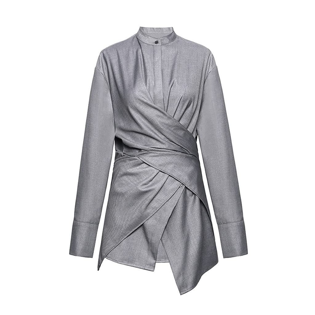 SKREOJF Women's Loose Fit Long Sleeve Blouse - Gray Oversized Stand Collar Shirt for Spring & Autumn | Casual Wear, Office Outfits & Street Fashion (Size L)
