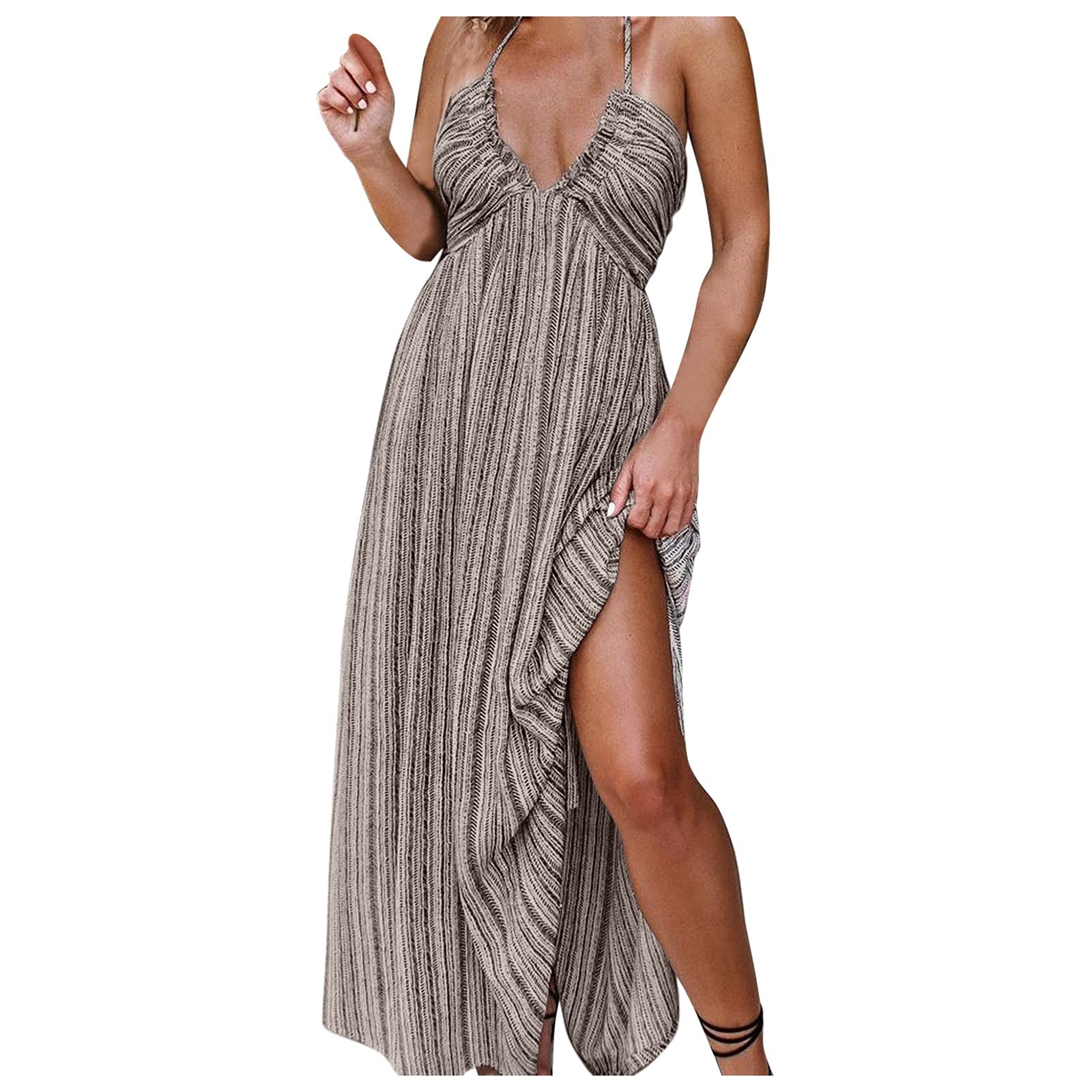 Women's Sexy Halter Neck Sleeveless Striped Maxi Dress - Beach Party, Date Night & Summer Vacation Outfit