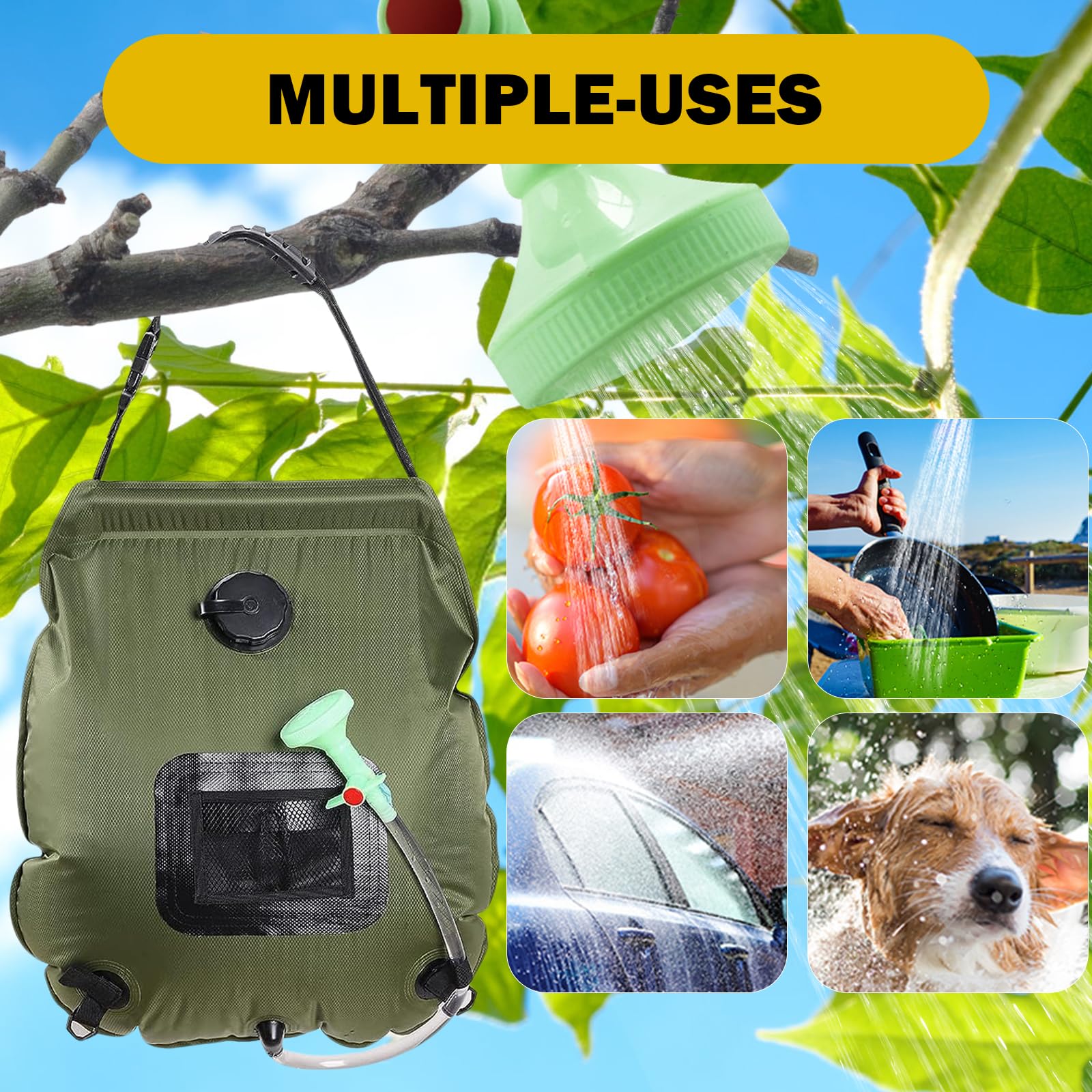 5 Gallon Solar Shower Bag - 20L Portable Camping Shower with Removable Hose & On/Off Switchable Shower Head - Perfect for Beach Swimming, Hiking, RV Trips and Outdoor Adventures - Lightweight Travel Shower for Campers & Backpackers