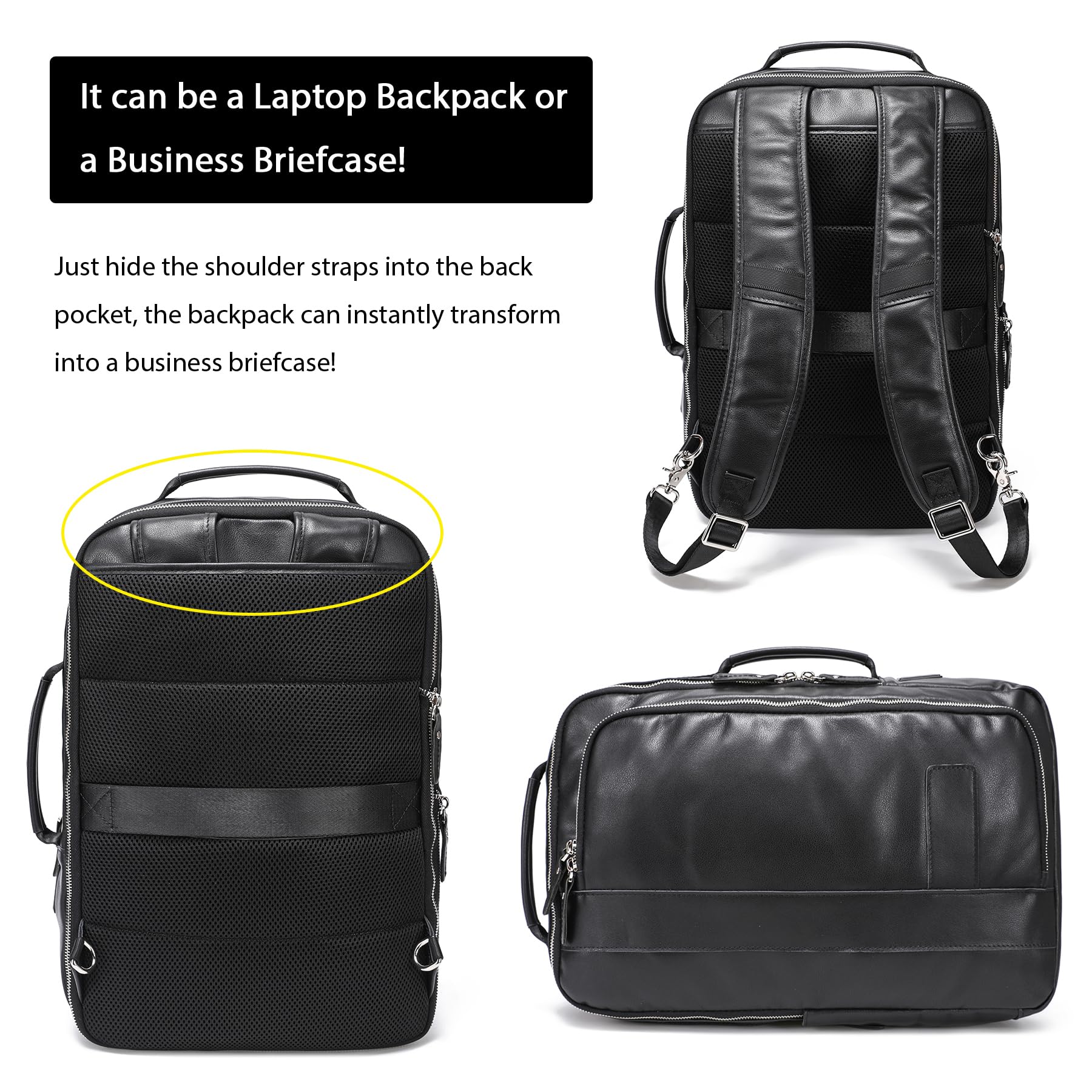 Premium LANNSYNE Vegetable Tanned Leather Backpack for Men - Expandable Laptop Backpack Fits 15.6 Inch Notebook, Durable Travel Rucksack & Stylish Shoulder Tote Bag for Work, College & Outdoor Adventures