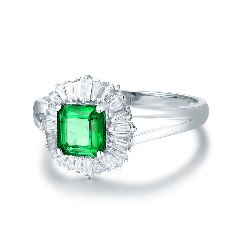 14K White Gold Natural Green Emerald & Diamond Ring – Elegant Engagement Ring for Women, Wedding Proposal, Anniversary Gift, Bridal Jewelry