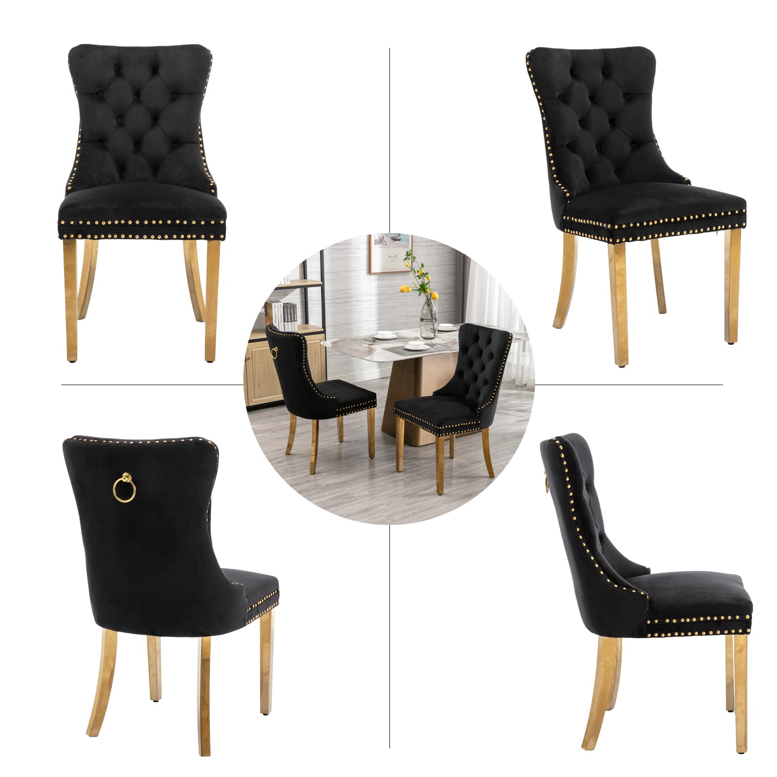 Black Velvet Dining Chairs Set of 4 - Modern Upholstered Kitchen & Dining Room Chairs with Gold Stainless Steel Legs & Ring Pull Trim - Elegant Seating for Home, Restaurant, and Office Use