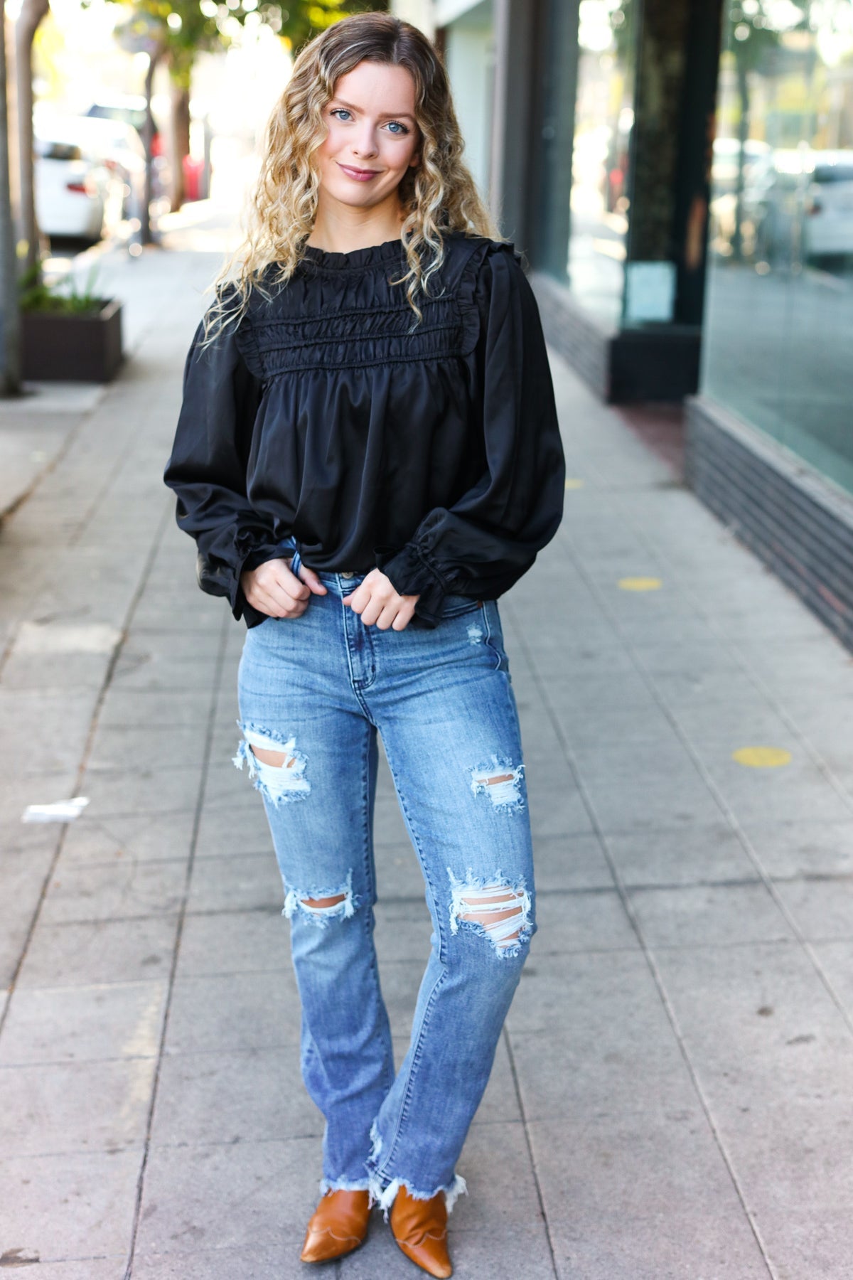 Black Satin Shirred Yoke Frilled Mock Neck Top for Women - Elegant Party & Evening Wear