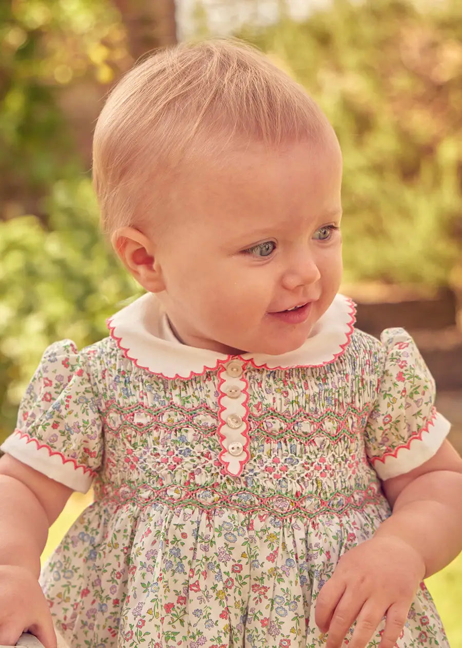 Liberty Fabric Floral Hand Smocked Short Sleeve Romper for Baby Girls (3 Months-2 Years) - Perfect for Spring Outfits, Photo Shoots & Special Occasions
