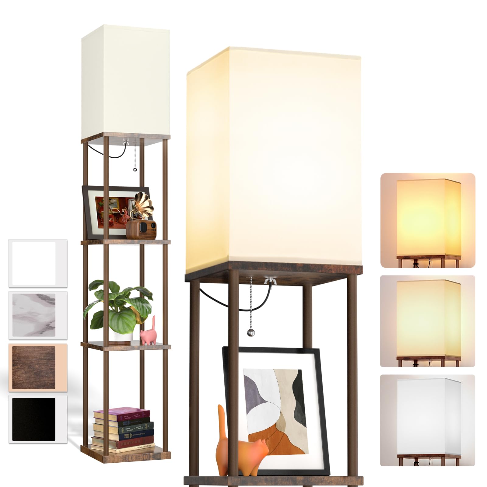 Addlon 4-Tier Modern Shelf Floor Lamp with 3CCT LED Bulb - Adjustable Brightness, Brown Wooden Display Lamp for Living Room, Bedroom, Office - Perfect for Reading, Decor & Space Saving Storage