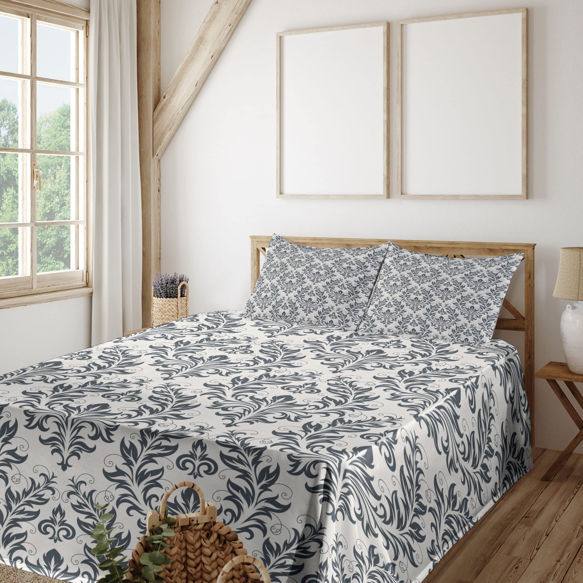 Ambesonne Victorian Floral Damask 4-Piece Sheet Set - King Size, Beige & Grey, Classic Silhouette Symbolic Art, Includes Fitted Sheet, Flat Sheet & Pillowcases | Perfect for Master Bedrooms, Guest Rooms & Victorian-Themed Home Decor