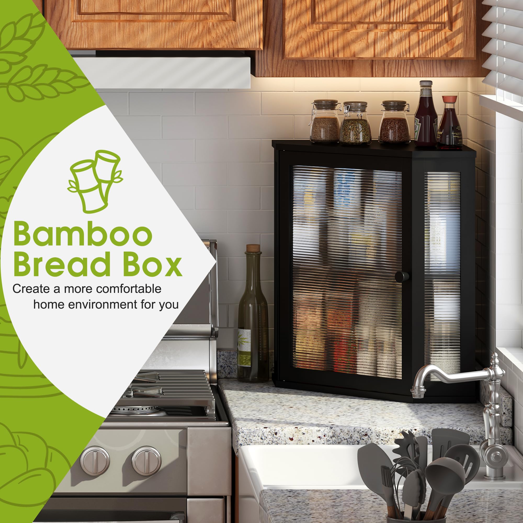 BMOSU Extra Large Bamboo Bread Box for Kitchen Countertop - 2 Tier Wooden Bread Storage Bin with Large Capacity (Black) - Perfect for Storing Bread, Pastries, and Baked Goods to Keep Fresh on Countertops or Pantry