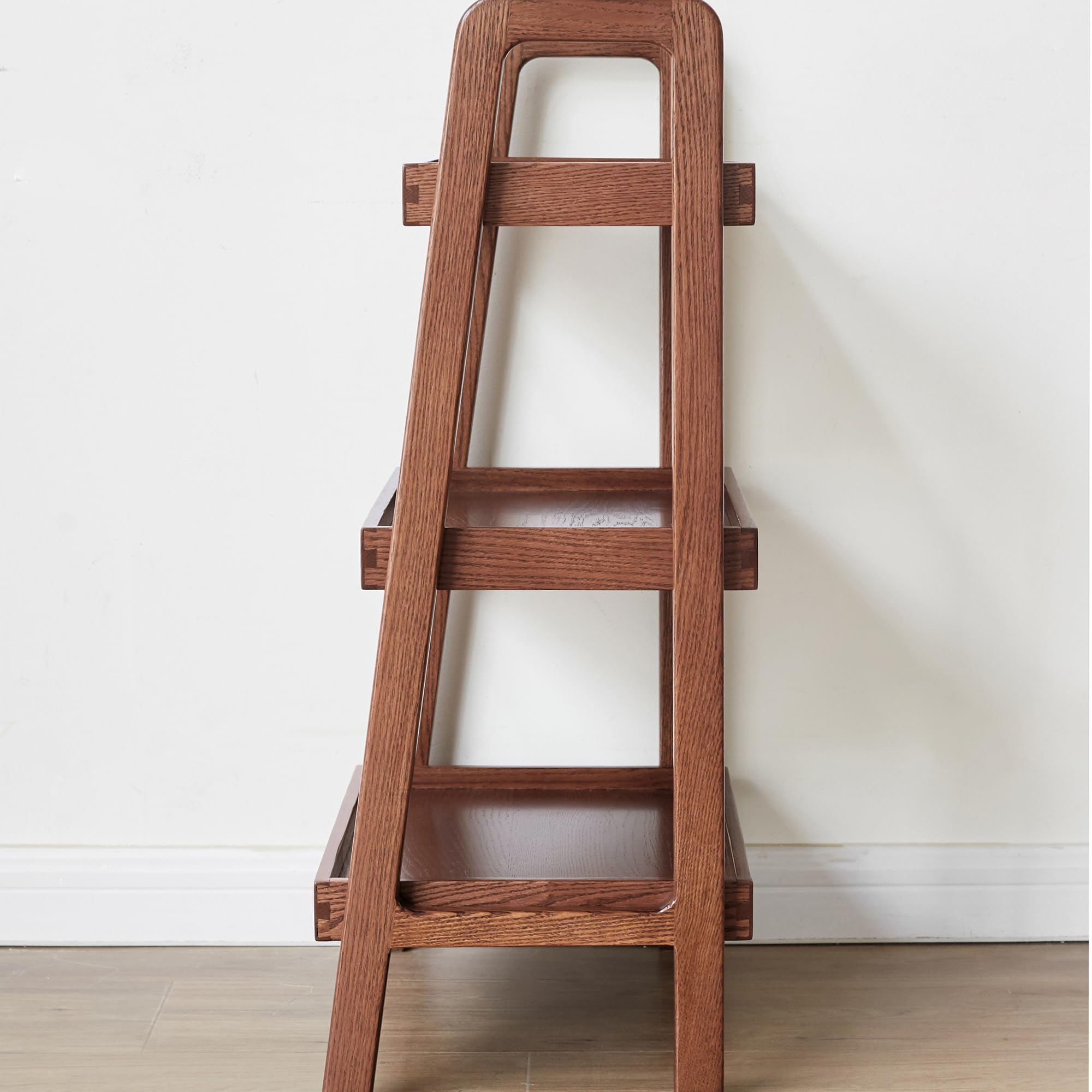 3-Tier Ladder Shelf - Solid Oak Wood Bookshelf with Storage | Compact Side Table for Living Room, Bedroom, Kitchen & Bathroom | Space-Saving Organizer for Books, Plants & Decor (Walnut Finish)
