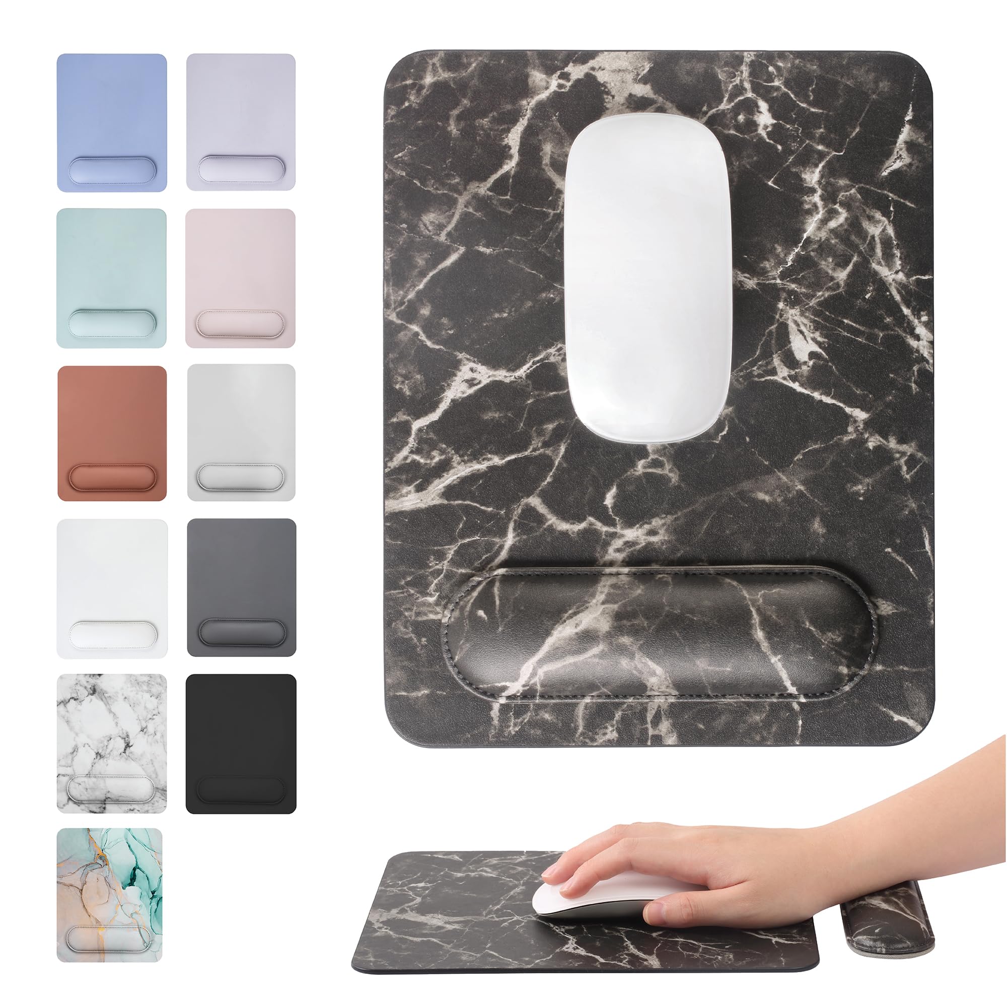 Vegan Leather Black Marble Mouse Pad with Magnetic Wrist Support - Ergonomic & Anti-Slip Desk Accessory for Office & Gaming | Perfect for Women & Men Workstations