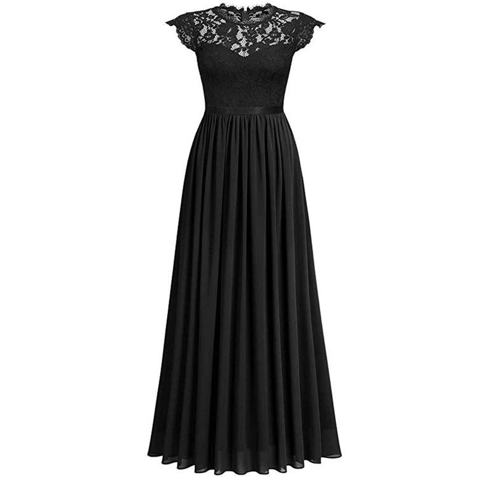 Elegant Chiffon Maxi Dress with Lace Stitching - Short Sleeve High Waist Bridesmaid & Wedding Guest Dress for Evening Parties, Prom, and Special Occasions