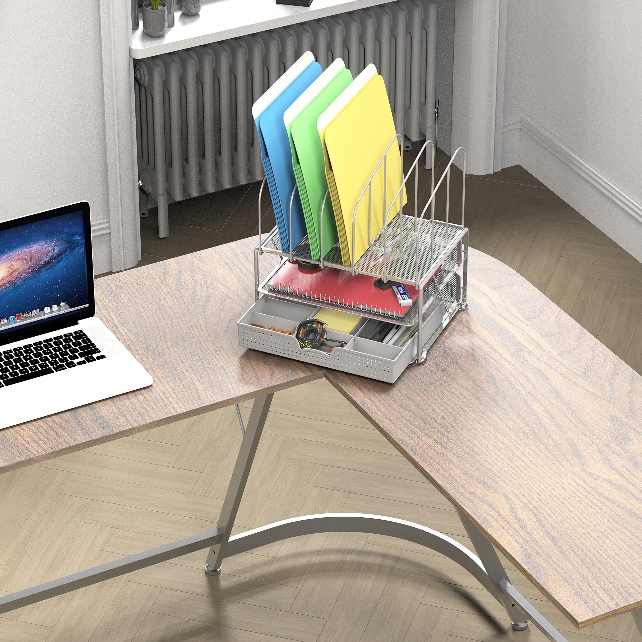 Deco Brothers Metal Desk File Organizer with Letter Tray & 5 Upright File Holders - Silver | Office Document Management System for Home & Business Workspace Organization