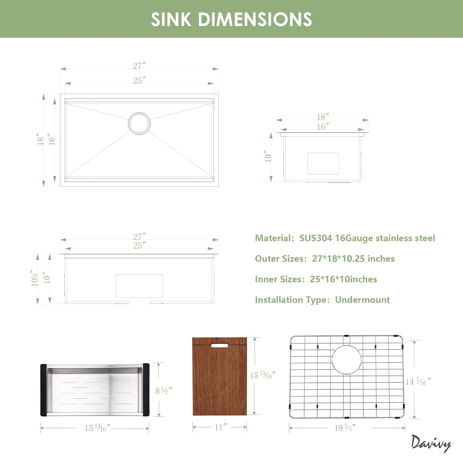 **Davivy 27x18 Inch Undermount Single Bowl Kitchen Sink - 16 Gauge Stainless Steel Workstation Sink with Single Track & Accessories - Perfect for Home & Commercial Kitchens**