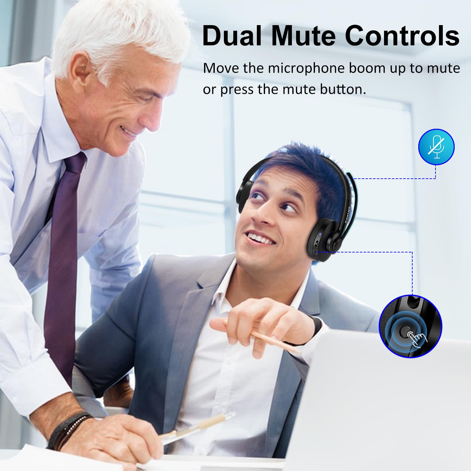 Noise Cancelling Bluetooth Headset with Mic Mute - 30+ Hours Talk Time, V5.1 Wireless Headphones for Work, Calls & Meetings | Compatible with Teams, Zoom, Cell Phone, Laptop | Perfect for Home Office, Call Center & Remote Work