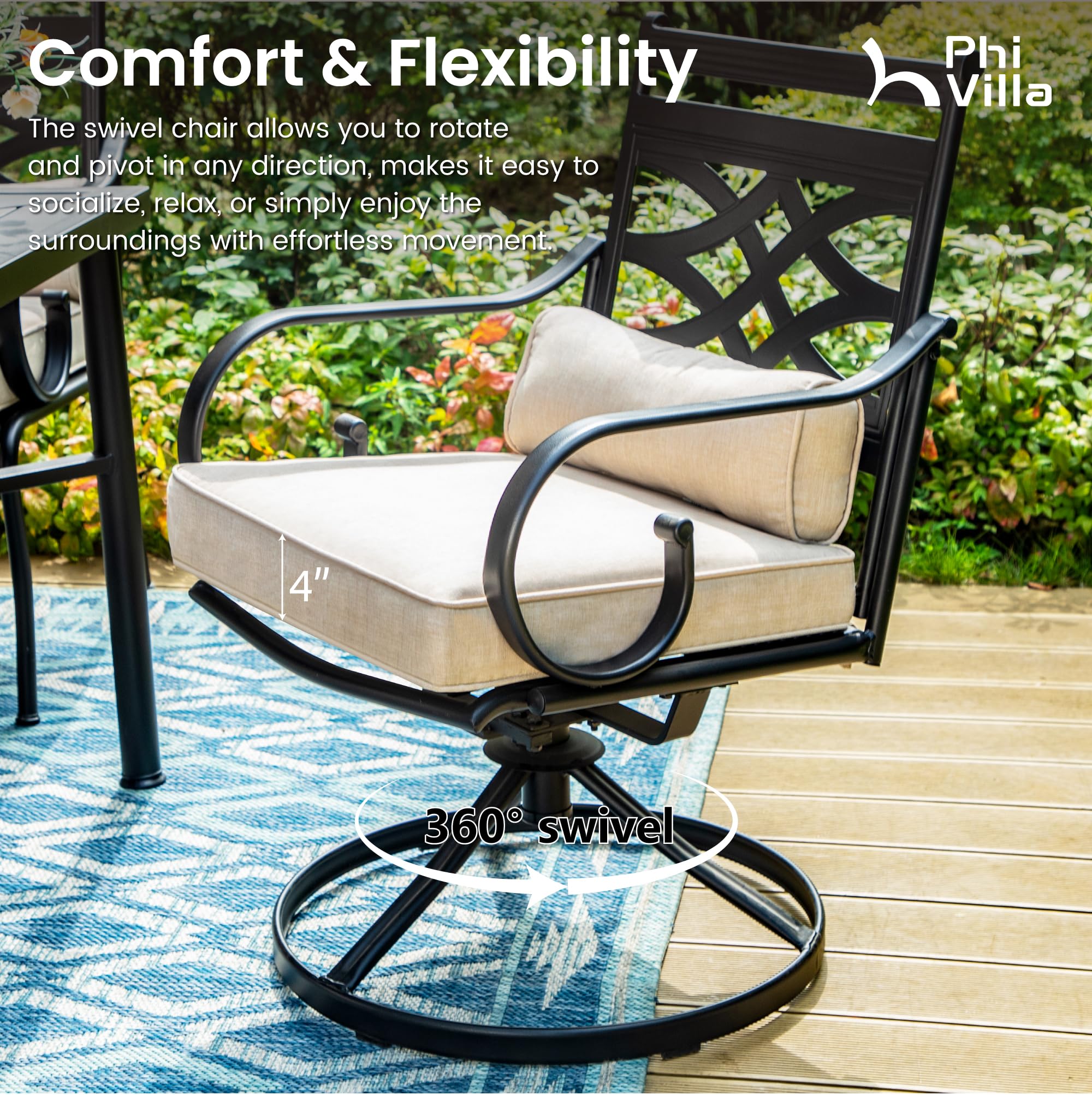 PHI VILLA 2-Piece Patio Dining Chairs Set - Outdoor Swivel Chairs with Cushion & Pillow - Weather-Resistant Garden, Lawn, Deck Furniture for Backyard, Poolside & Outdoor Entertaining
