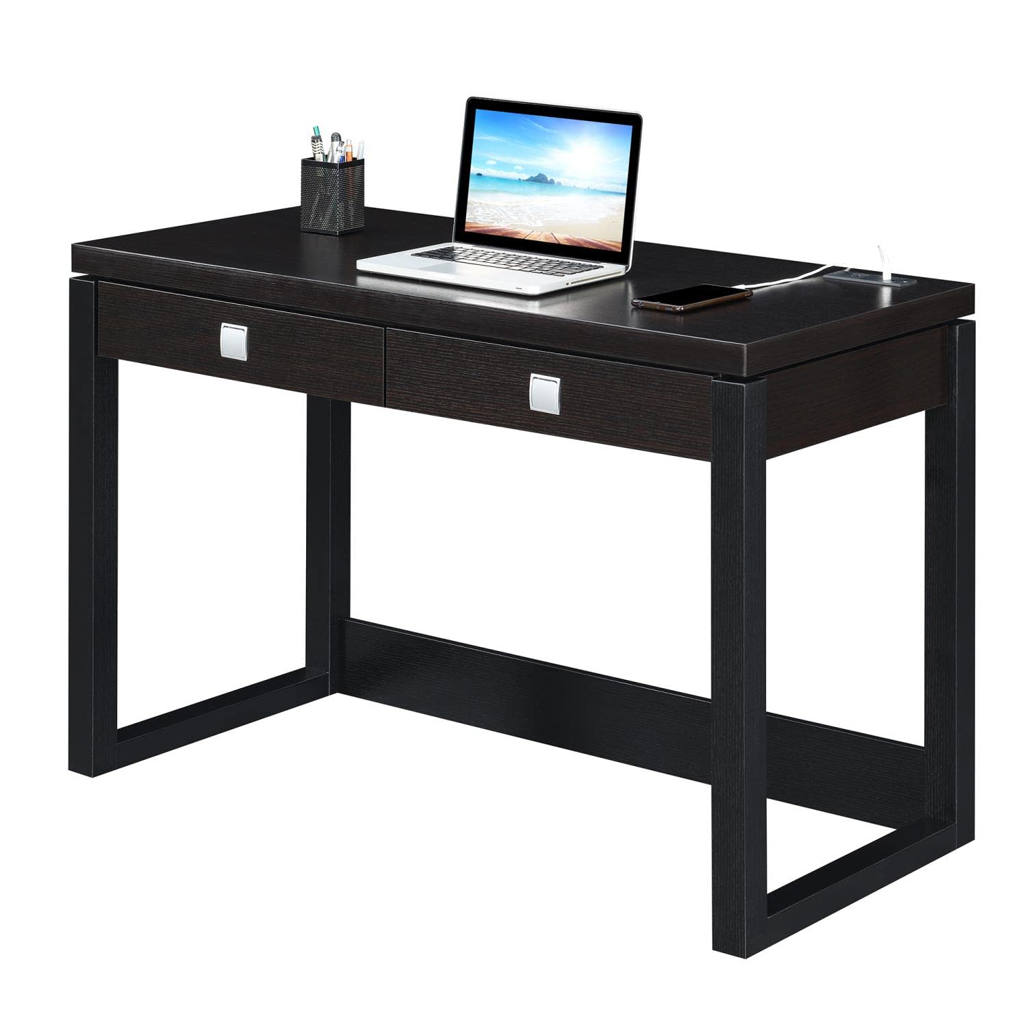 Convenience Concepts Newport 2-Drawer Writing Desk with Built-in USB Charging Station - Espresso/Black Finish - Perfect for Home Office, Study Room & Small Spaces