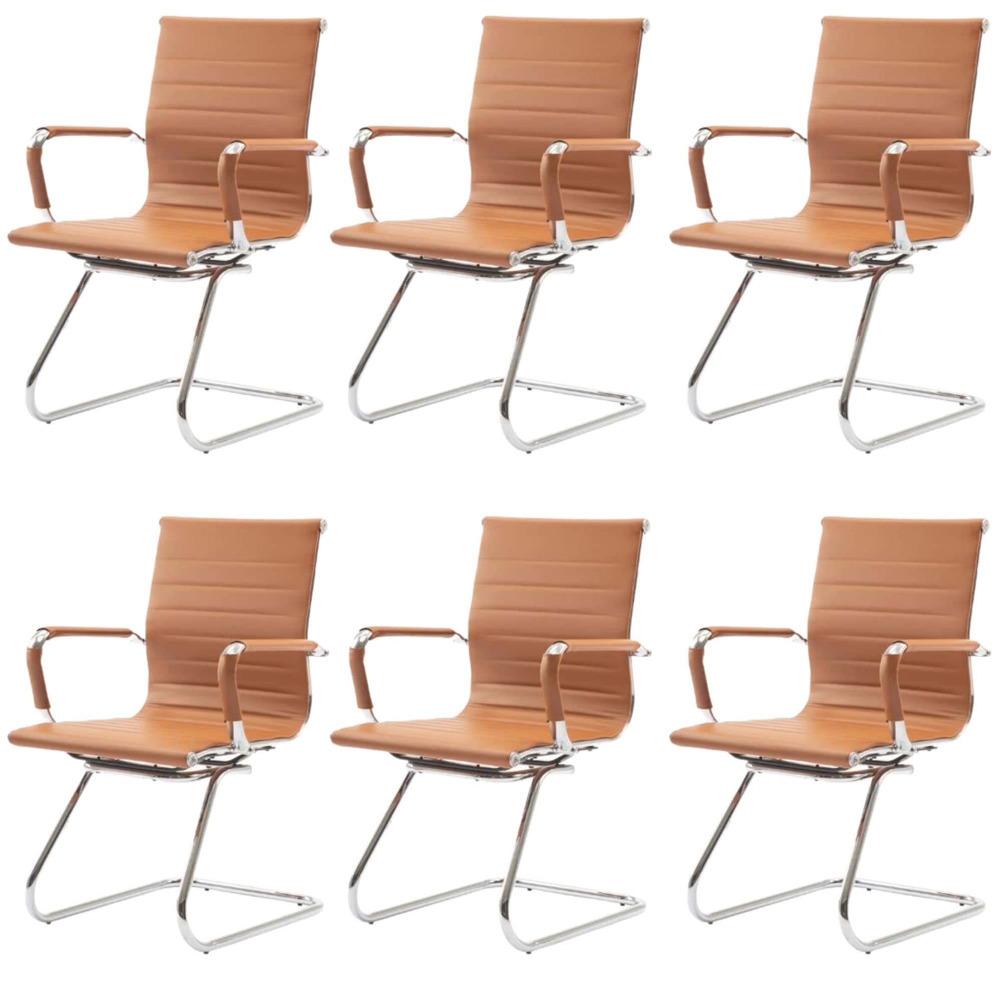 Premium Leather Office Guest Chairs Set of 6 - Modern Reception Waiting Room Chairs with Arms, Sled Base Desk Chairs for Conference Room & Lobby - Cognac Brown - Perfect for Corporate Offices, Hotels, and Professional Waiting Areas