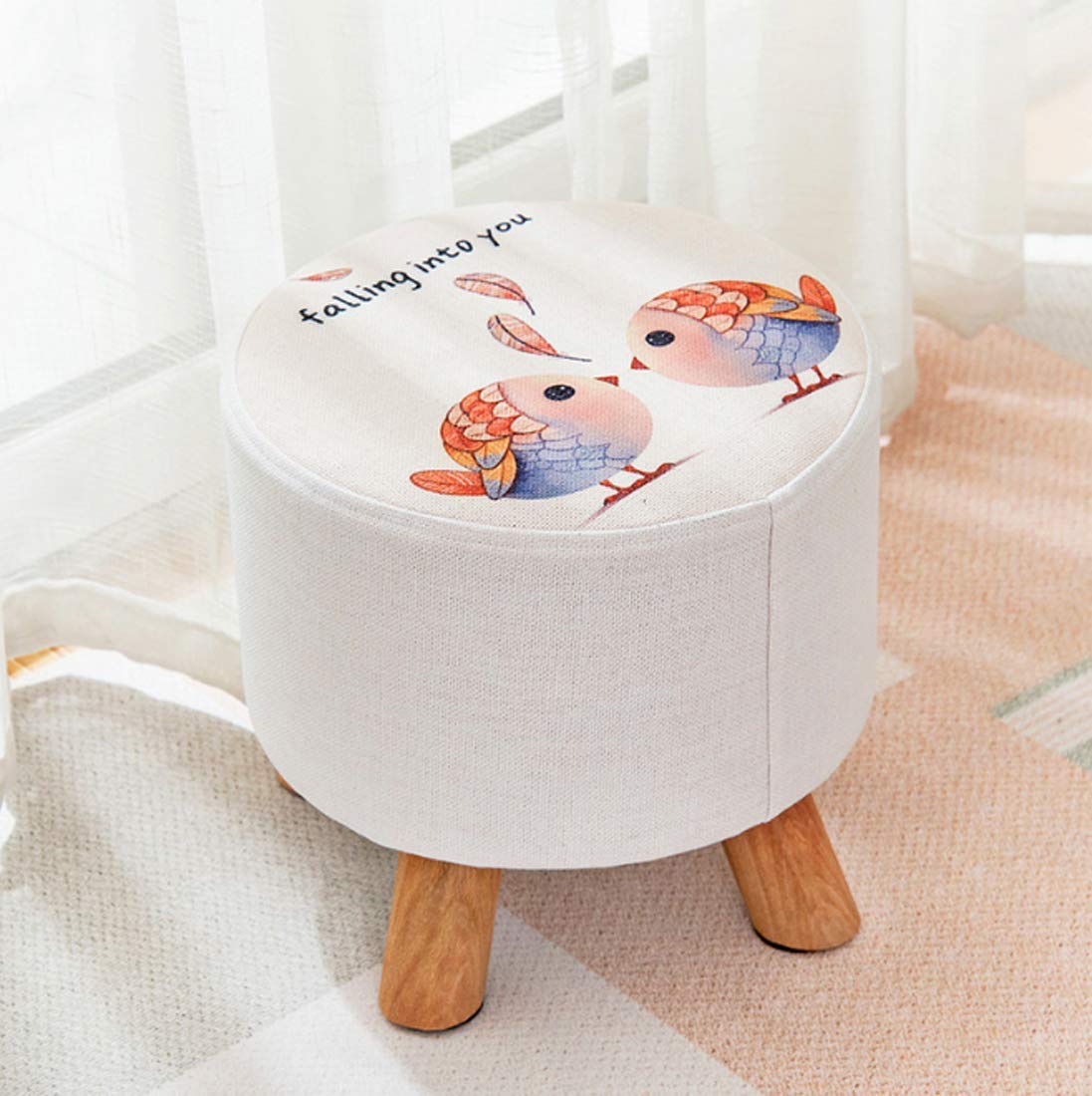 Round Wooden Ottoman Footstool with Removable Washable Linen Cover - Graffiti Design Multi-Purpose Stool for Living Room, Bedroom, Shoe Changing Bench, Vanity Seat & Home Decor - Perfect for Relaxing, Organizing Shoes & Adding Boho Style to Your Space