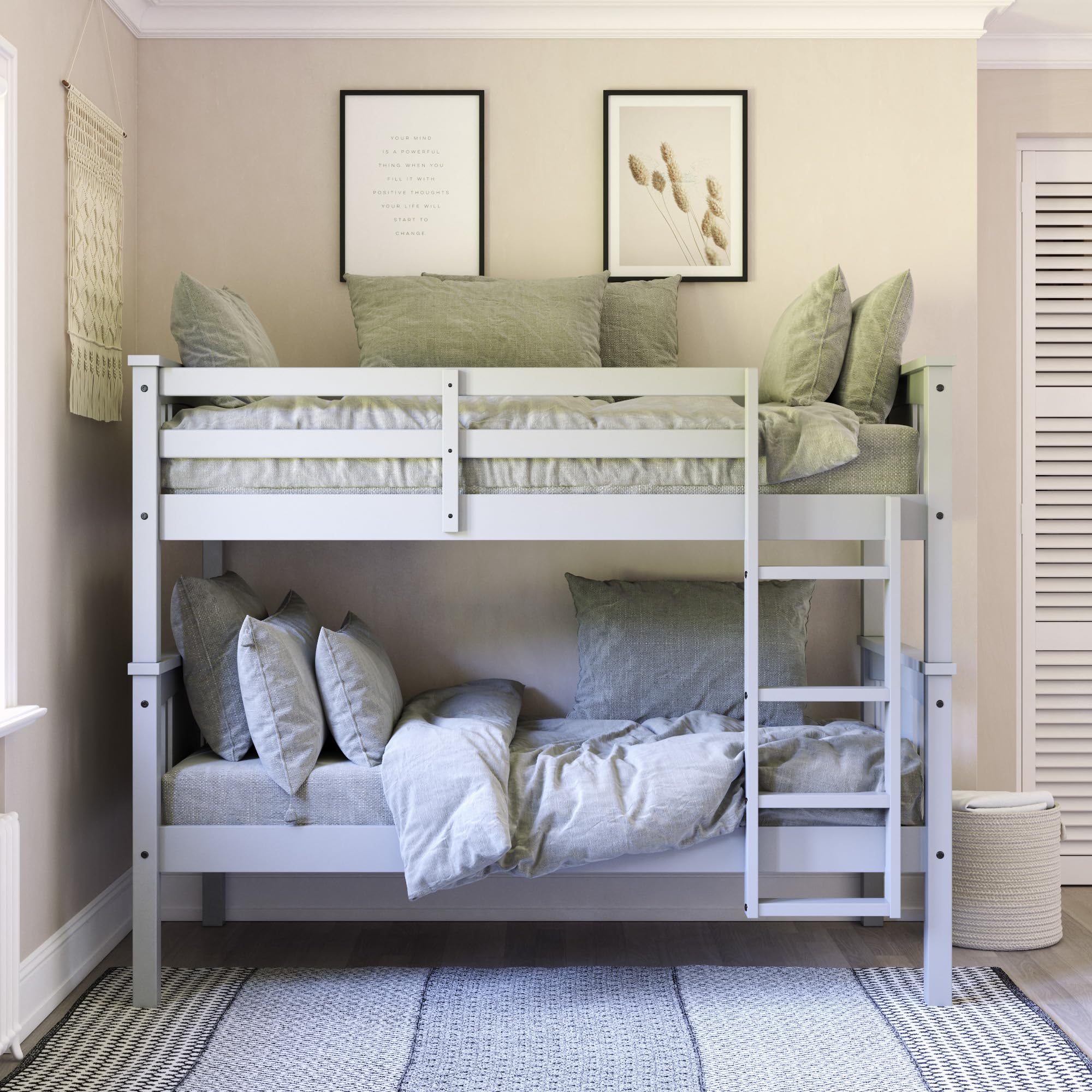 DHP Dylan Wood Twin Over Twin Bunk Bed with Ladder, Grey - Space-Saving Kids Bedroom Furniture for Siblings or Sleepovers