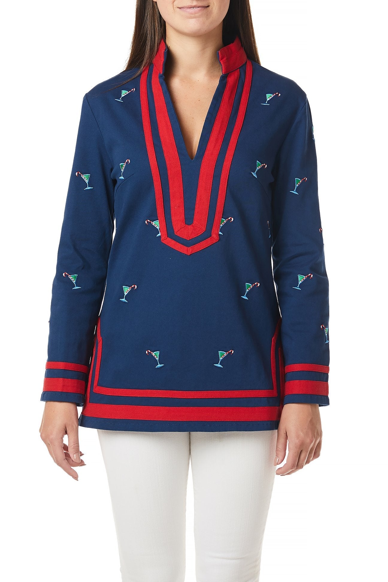 Women's Nantucket Navy Tunic Top with Martini Candy Cane & Red Trim - Casual Beachwear, Holiday Party & Office Wear