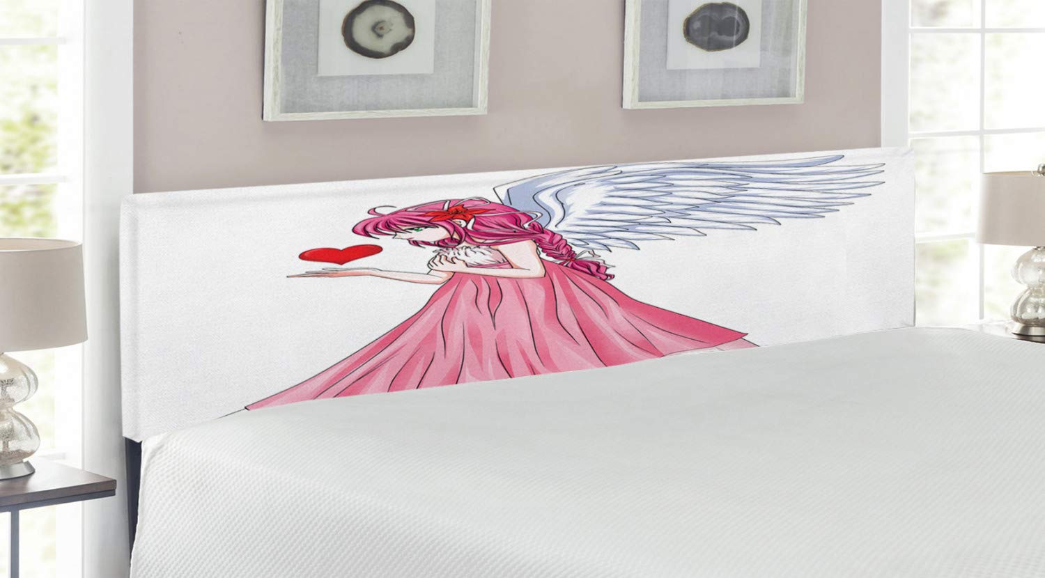 Ambesonne Anime Headboard - Angel in Pink Dress Holding Heart, Romantic Valentine's Day Decor, Upholstered Metal Bed Frame with Memory Foam, King Size (Pink/Red/White) - Perfect for Anime Lovers' Bedroom, Valentine's Gift, or Themed Home Decor