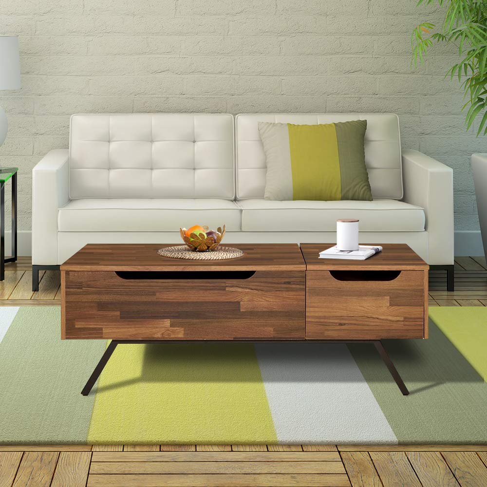 Modern Lift-Top Coffee Table with Storage Drawer - Solid Wood Lift Tabletop for Living Room, Home Office & Reception Areas - Walnut Finish with Black Metal Legs - Perfect for Small Spaces, Entertaining & Hidden Organization