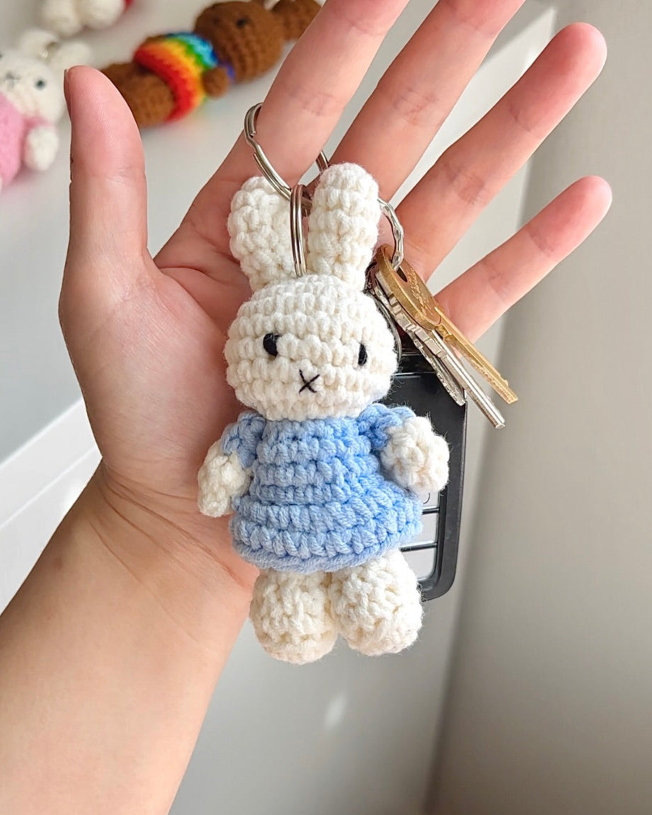 Handmade Miffy Crochet Plush Keychain with Baby Blue Dress | Kawaii Dutch Bag Charm for Girls, Cottagecore & Back to School Gifts | Perfect for Backpacks, Keyrings & Kawaii Accessories