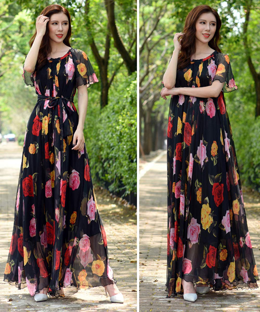 MedeShe Women's Bohemian Floral Print Short Sleeve Maxi Dress - Perfect for Summer Beach Vacations, Music Festivals & Boho Chic Outfits