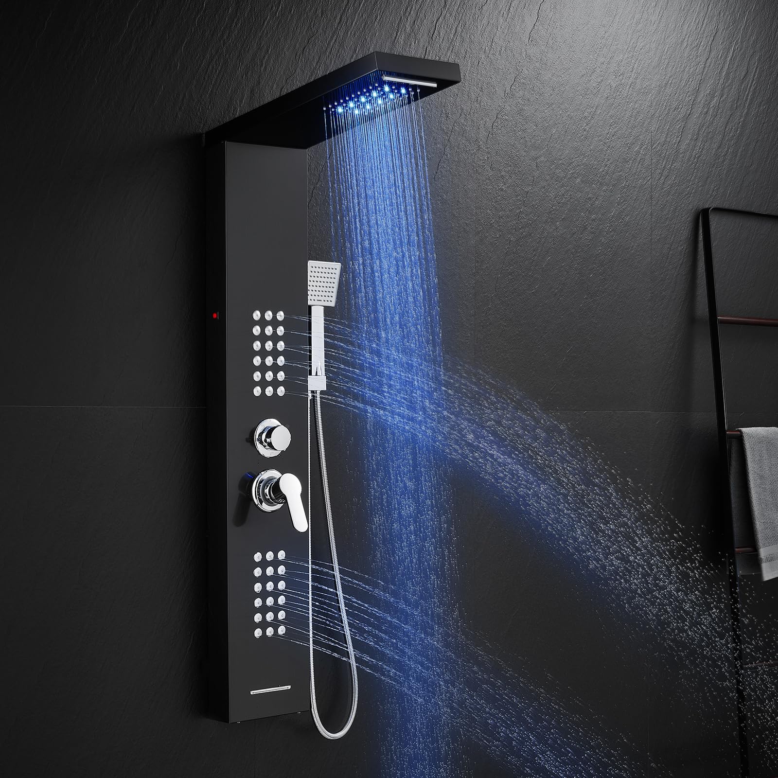 ROVATE 5-in-1 Stainless Steel LED Shower Panel Tower System - Rainfall Waterfall Shower Head with Massage Jets & Handheld Sprayer, High Pressure Shower Tower with Tub Spout (Black) - Perfect for Modern Bathroom Renovation & Spa-Like Shower Experience