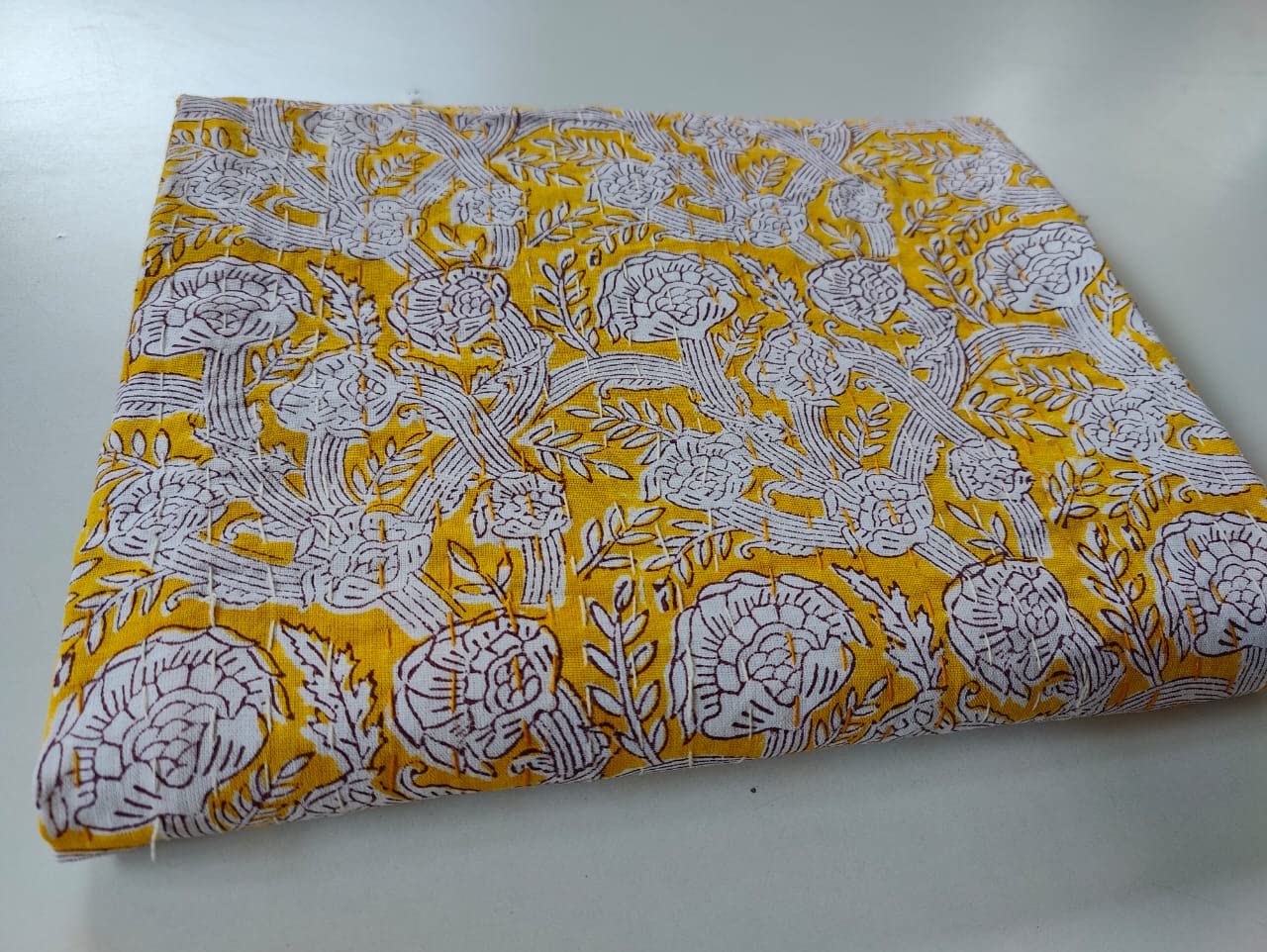 Handmade Indian Cotton Kantha Quilt - Queen Size Traditional Bedspread, Twin Blanket (90x60 Inches, Yellow Block) | Boho Chic Home Decor, Cozy Bedding for Guest Room & Bohemian Style Living Room