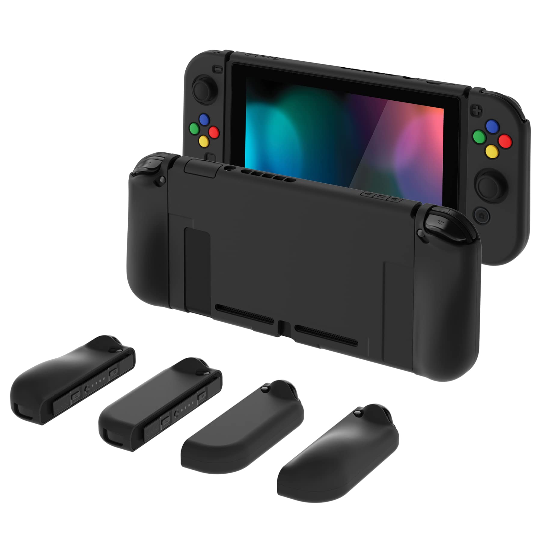 PlayVital Protective Case for Nintendo Switch with Screen Protector & AlterGrips Buttons - Black | Durable Cover for Travel, Gaming at Home, and On-the-Go Protection