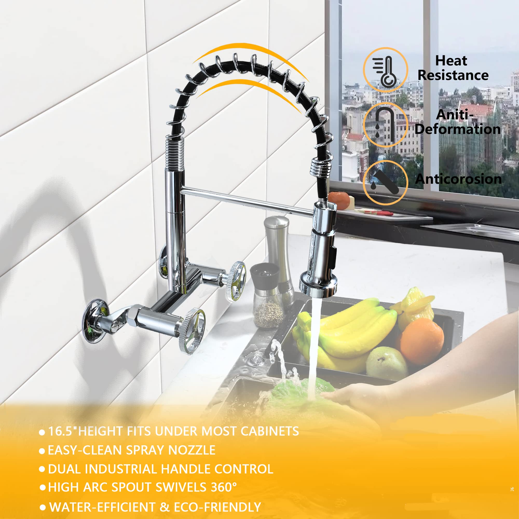 8 Inch Wall Mount Commercial Kitchen Faucet with Pull Down Sprayer - 360° Swivel Polished Chrome Sink Faucet for Restaurant, Food Truck & Home Kitchen Use