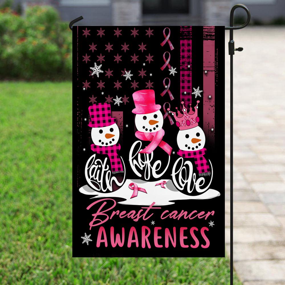 American Flag with Faith Hope Love & Breast Cancer Awareness Snowman Design - 12x18 Inch Outdoor Christmas Yard Decoration for Garden, House & Home - Perfect for Holiday, Winter & Seasonal Decor