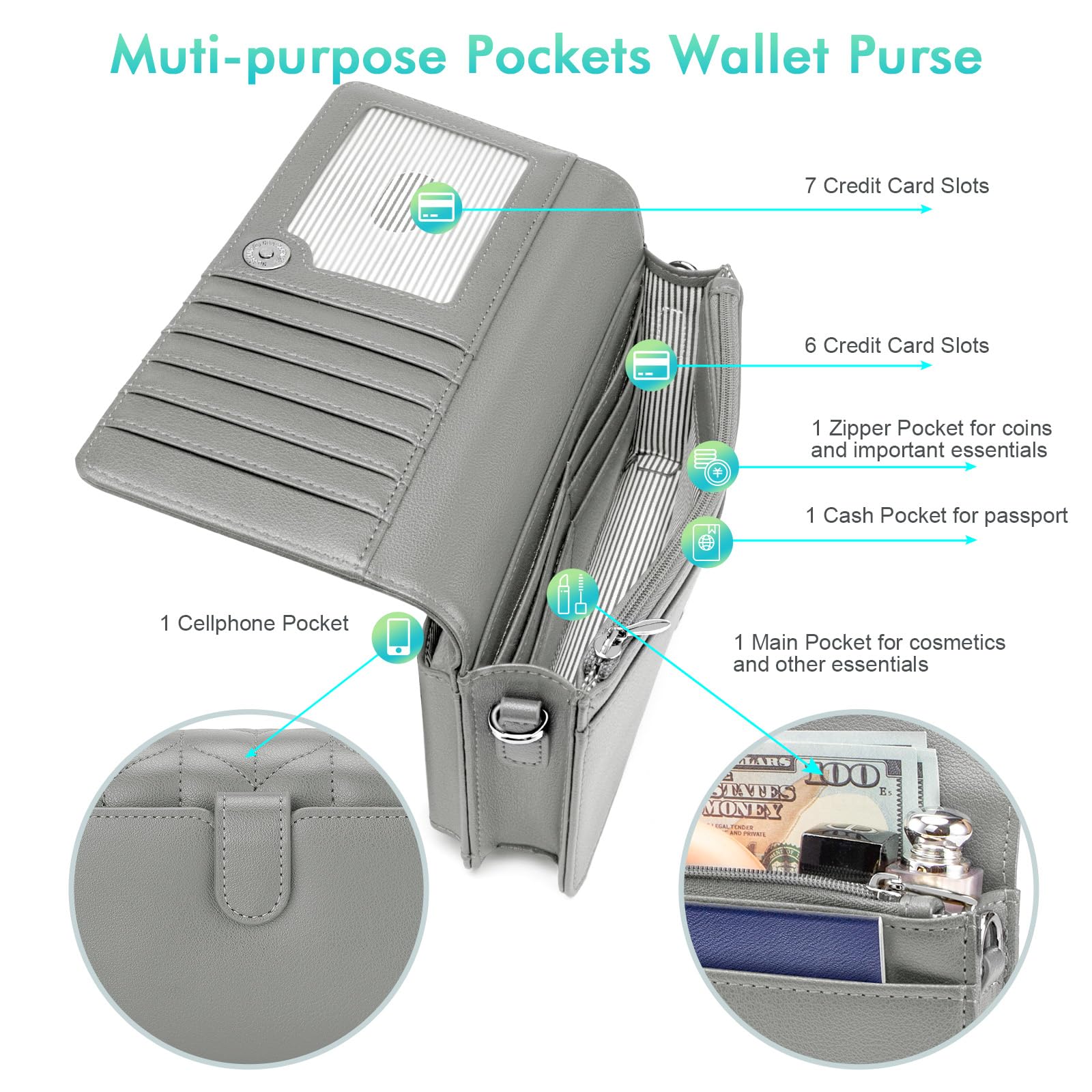 Nuoku Women's Small RFID Crossbody Bag with 2 Adjustable Straps - Phone Purse Wallet with Card Slots, Wristlet Handbag (Gray) - Perfect for Travel, Shopping & Everyday Use
