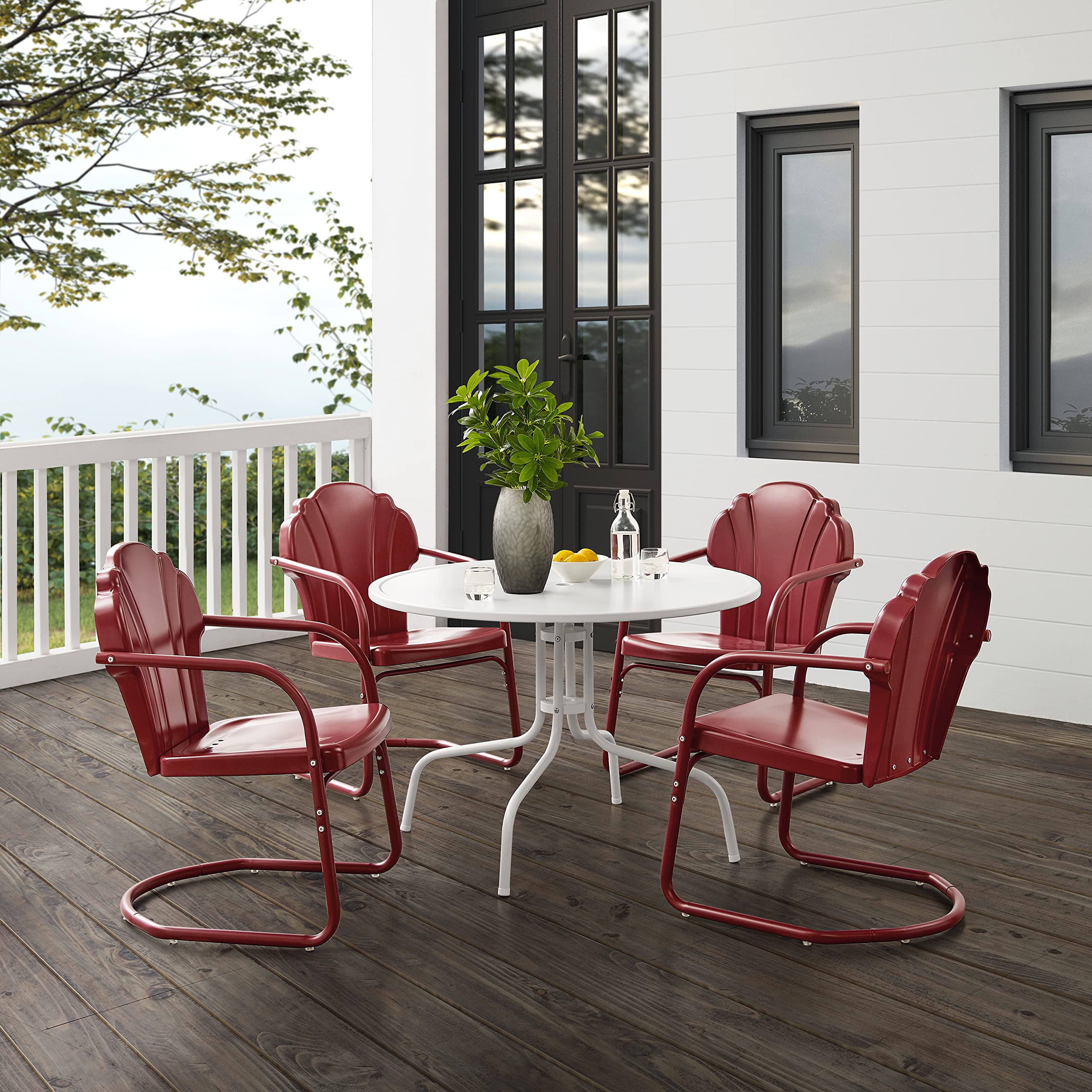 **Crosley Furniture Tulip 5-Piece Outdoor Dining Set for 4 - Retro Metal Round Patio Table & Chairs for Deck, Backyard, or Garden - Dark Red Satin Finish**    **Perfect for:** Outdoor dining, patio gatherings, backyard BBQs, garden parties, and relaxing on the deck.