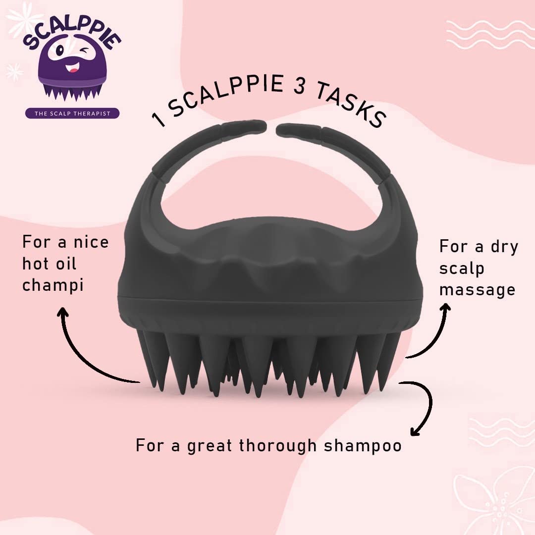 SCALPPIE Silicone Scalp Massager & Shampoo Brush for Hair Growth - Dandruff Prevention - Charcoal Black Head Massager for Relaxation & Improved Circulation - Perfect for Shower, Spa & Home Hair Care