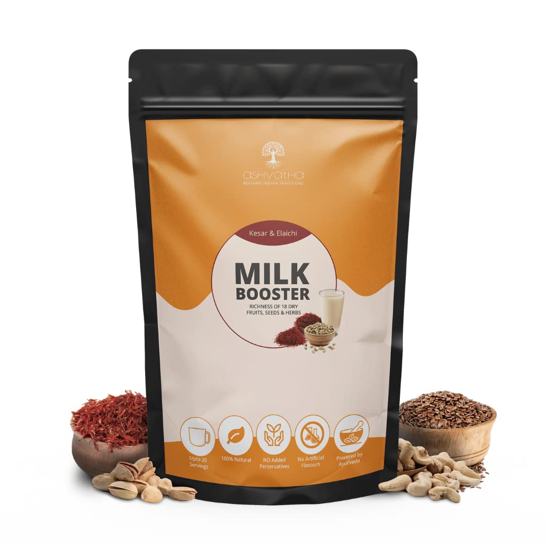 Ashvatha Kesar Elaichi Badam Milk Masala with 18 Dry Fruits, Seeds & Turmeric - Healthy Drink for Kids & Adults - Immunity Booster - No Added Sugar - 20 Servings - Perfect for Morning Energy, Post-Workout Recovery & Family Wellness Time