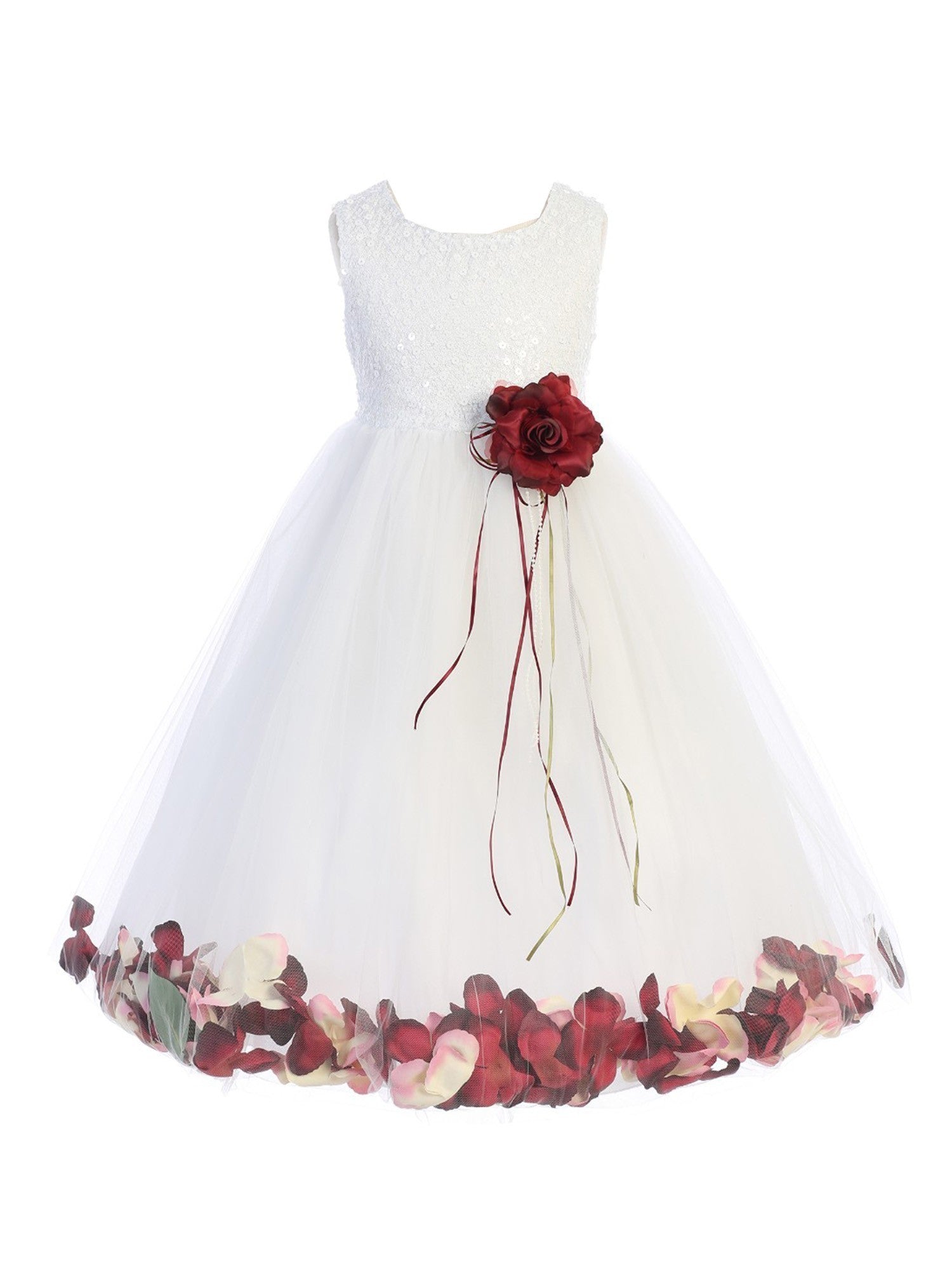 Elegant White and Burgundy Floral Petal Bridesmaid Dress for Big Girls - Sizes 8-14 | Perfect for Weddings, Prom, and Special Occasions