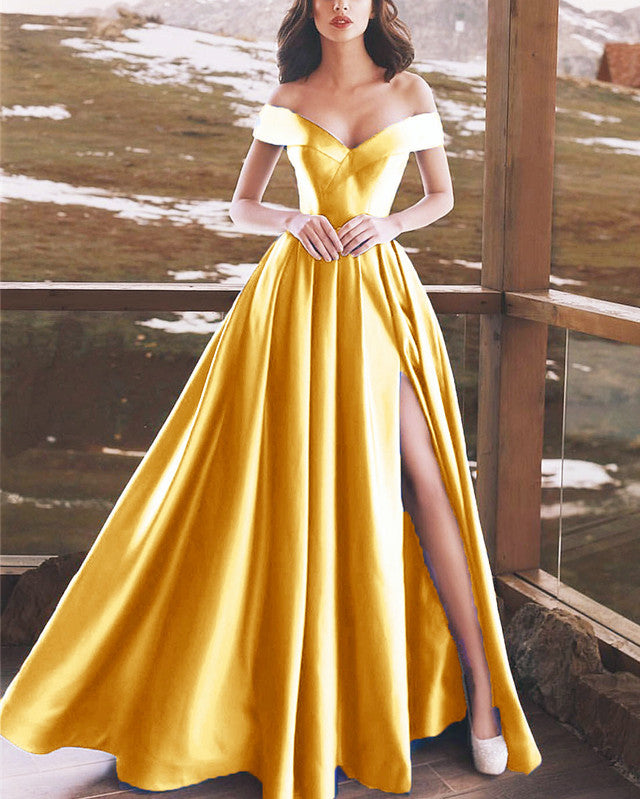 Elegant Off Shoulder Satin Prom Dresses for Women - Long Split Evening Gowns for Homecoming, Wedding & Formal Events