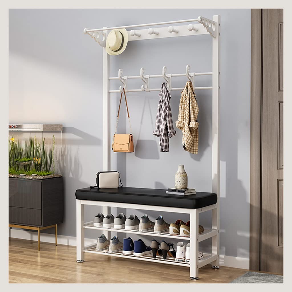 YAWEDA 4-in-1 Hall Tree Coat Rack with Shoe Storage Bench - 16 Hooks Entryway Organizer, Industrial Metal Frame Shoe Bench for Home & Office - Easy Assembly Entryway Furniture for Mudroom, Foyer & Small Spaces