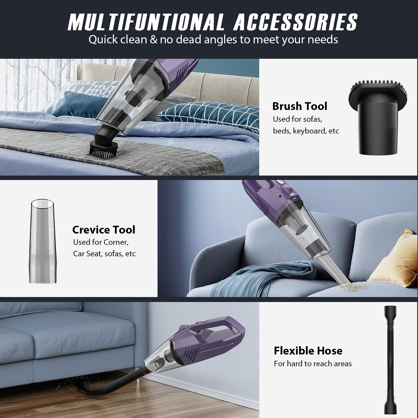 Best Cordless Handheld Vacuum for Car, Home & Office - Rechargeable, Lightweight & Portable with Multi-Accessories & LED Light | Perfect for Car Seats, Desks, Sofas & Pet Hair Cleaning