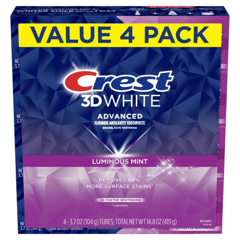 Crest 3D White Advanced Luminous Mint Teeth Whitening Toothpaste - 4 Pack (3.7 oz Each) | Removes Stains, Whitens Teeth, Strengthens Enamel & Fights Cavities | Perfect for Daily Oral Care & Bright Smiles