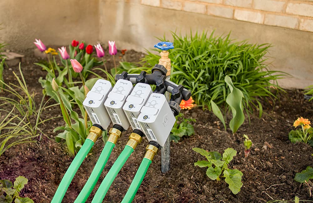 Orbit 21044 B-hyve Smart WiFi Hose Watering Timer 4-Pack with Hub & Manifold - Gray | Automatic Garden Irrigation System for Lawns, Plants & Outdoor Watering