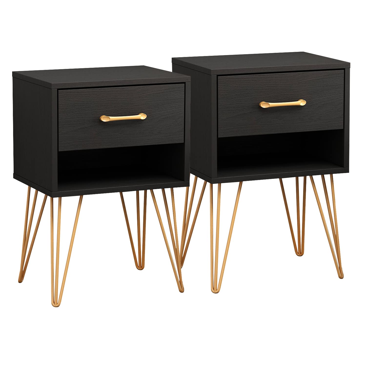 Modern Nightstand Set of 2 with Drawer & Shelf - Minimalist Bedside Tables with Metal Legs for Bedroom or Living Room - Black End Tables for Small Spaces & Apartment Decor